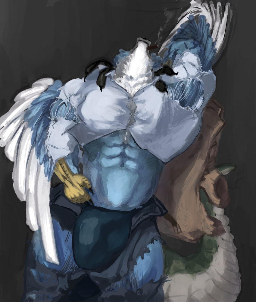 anthro big_muscles bulge canid canine chimera chojuro_kon claws clothing drakei growth hi_res male mammal muscle_growth muscular muscular_male solo torn_clothing wings