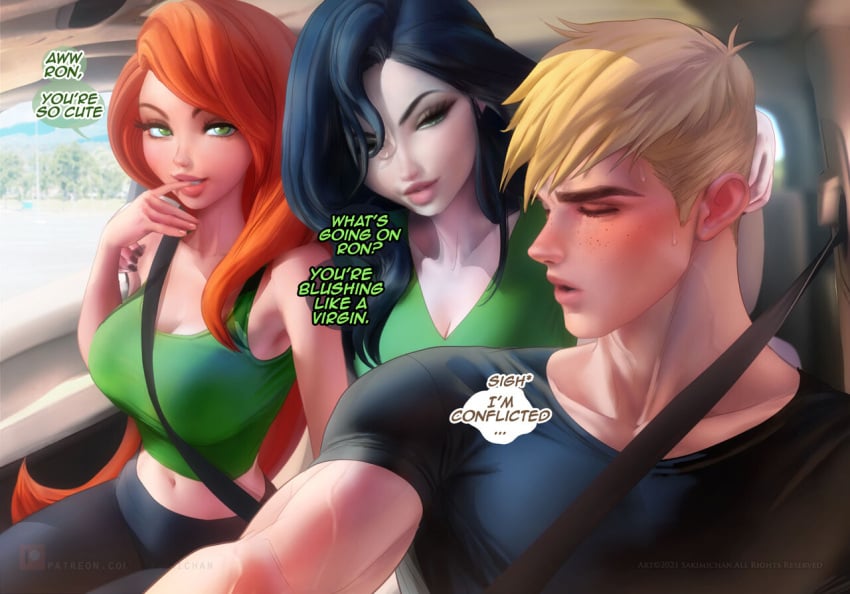 1boy 2girls belt belt_buckle big_breasts black_hair blonde_hair blush breasts closed_eyes dialogue disney english_text female ginger_hair green_eyes human kim_possible kimberly_ann_possible long_hair male multiple_girls ron_stoppable sakimichan shego short_hair sweat text