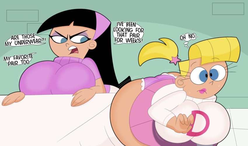 2024 2girls 3barts aged_up ass bent_over big_ass big_breasts black_hair blue_eyes breasts dialogue dress exposed_ass female female_only hairband nickelodeon speech_bubble striped_panties sweater the_fairly_oddparents trixie_tang veronica_star yellow_hair