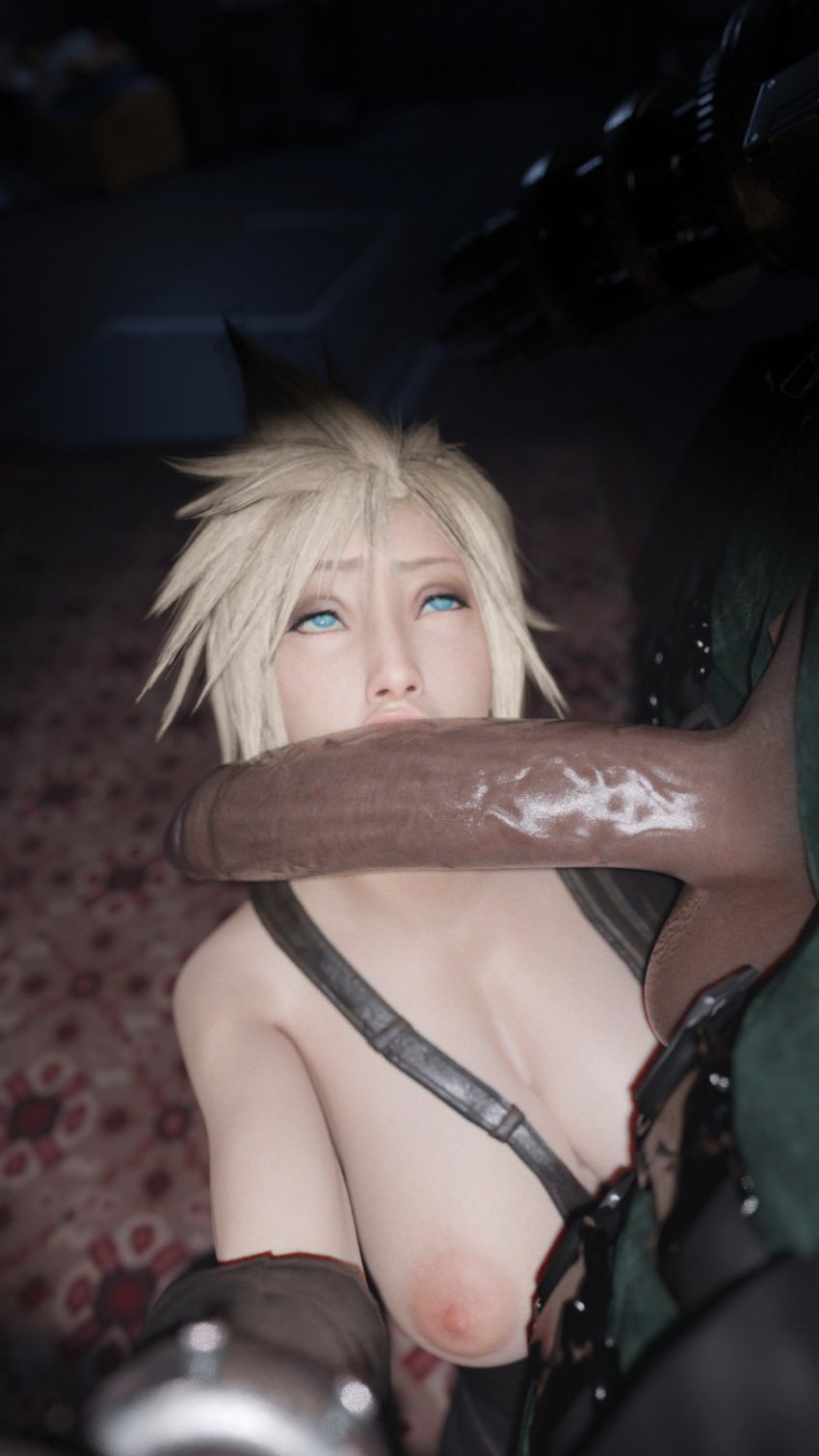 3d barret_wallace big_breasts big_penis blonde_hair cloud_strife cloudette_strife dark-skinned_male dark_skin final_fantasy final_fantasy_vii final_fantasy_vii_remake genderswap_(mtf) interracial kissing_penis light-skinned_female nynx oral overalls rule_63 square_enix tagme