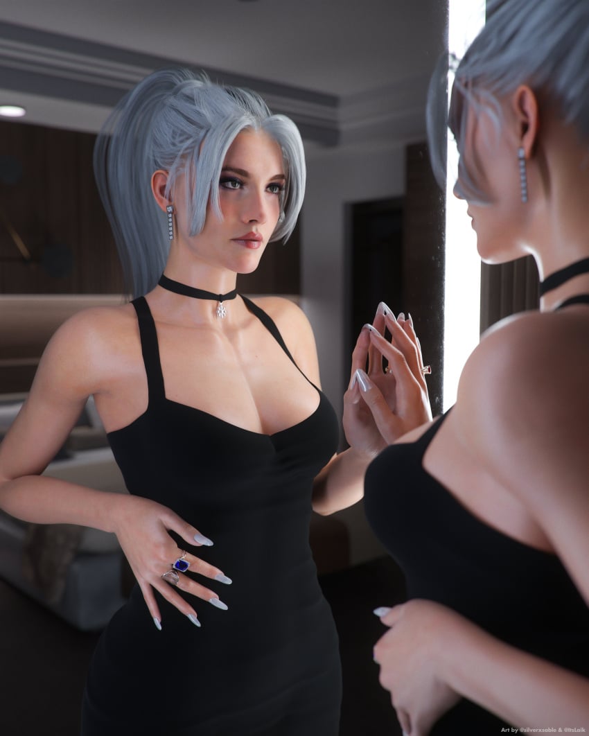 1girls 3d 3d_(artwork) accurate_art_style ass bedroom black_cat_(marvel) black_dress breasts choker classy detailed_background dress earrings felicia_hardy female female_focus female_only fit fit_female hi_res high_resolution highres human human_only itslaiknsfw jewelry laik3d laiknsfw large_ass large_breasts light-skinned_female light_skin long_nails marvel mirror ponytail rings silverxsable solo solo_female solo_focus spider-man_(ps4) spider-man_(series) white_hair wide_hips