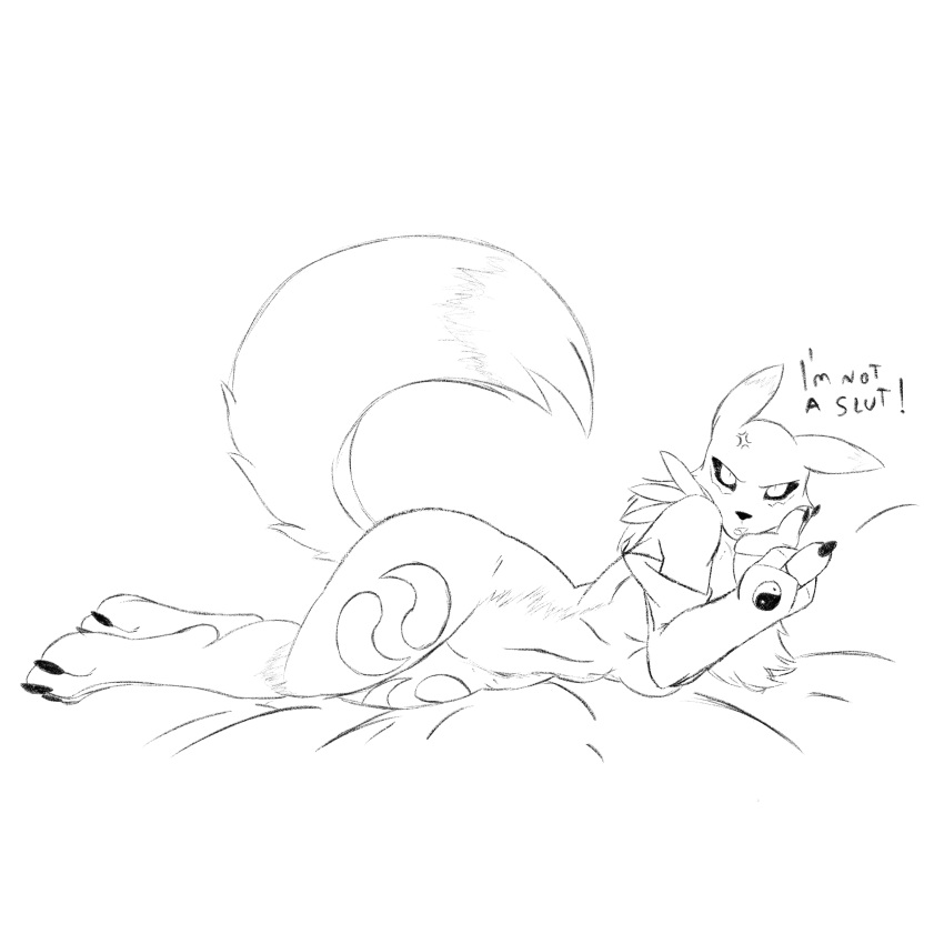 2d anthro bed big_ass big_breasts big_butt digimon digimon_(species) digital_media_(artwork) female fur furry gloves large_breasts laying_down laying_on_bed long_ears mammal markings markings_(fur) middle_finger pillow renamon sketch tail thick_thighs wakawarts wide_hips