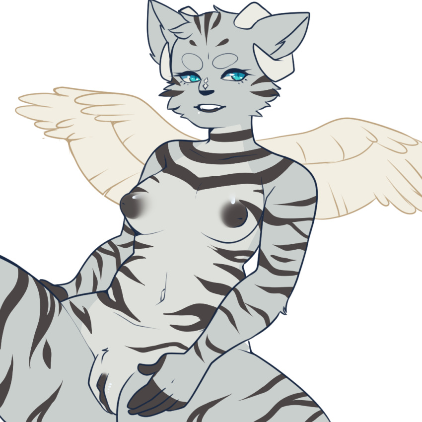 anthro feline female horn hybrid looking_at_viewer mammal nude prinisdead pussy solo spread_legs spreading wings