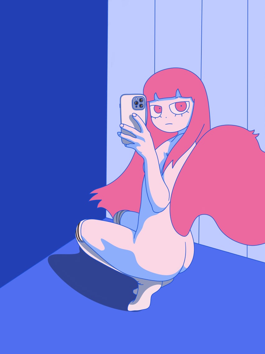 ass cellphone dharam_(underfity) edit long_hair loose_hair magenta_eyes magenta_hair phone selfie socks squirrel_tail tail underfity