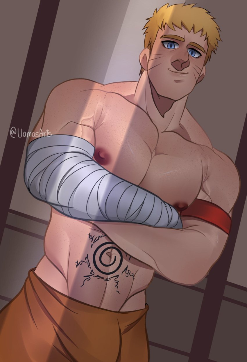 arms_crossed bandage bara bara_tits biceps blonde_hair clothing light_blue_eyes llamasart looking_at_viewer looking_down looking_down_at_viewer low-angle_view male male_only muscular muscular_male naruto nipples pecs shirtless solo tattoo_on_belly uzumaki_naruto veiny_muscles