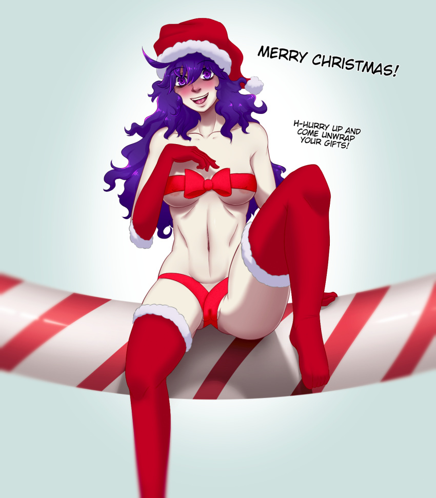 blush breasts cameltoe christmas cleavage female female_only heartszora hex_maniac human_female human_only looking_at_viewer pokemon purple_eyes purple_hair ribbon santa_hat solo spread_legs text thighhighs