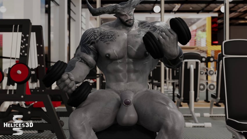 2_horns abs arm_tattoo balls dragon_age exercise eye_patch eyewear genitals helices3d hi_res horn humanoid iron_bull male male_only muscular muscular_humanoid muscular_male pecs penis qunari scar solo tattoo weightlifting weights workout