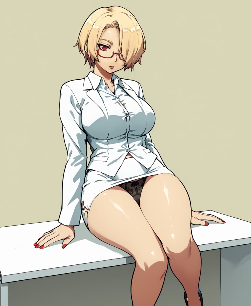 ai_generated ariels glasses guilty_gear guilty_gear_strive lace large_breasts looking_at_viewer mayihavesomeslops miniskirt office_lady panties thick_thighs tsukudani_style upskirt