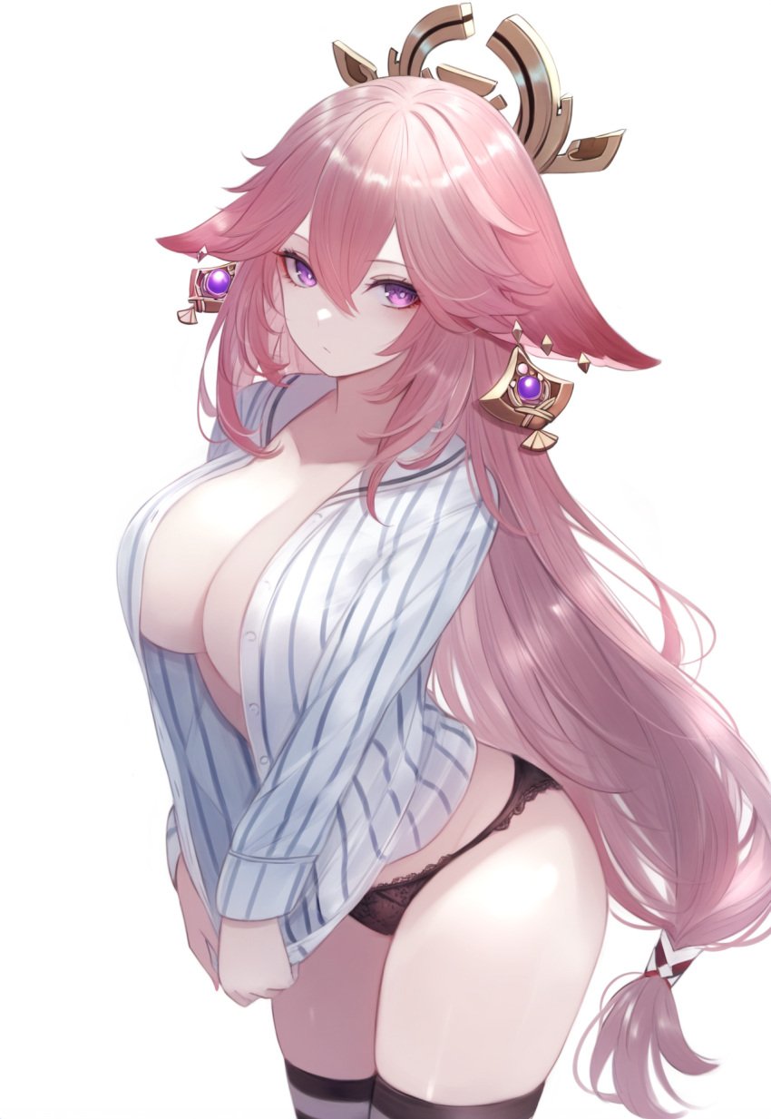 1girls ai_generated breasts female fox_ears fox_girl genshin_impact hi_res huge_breasts kitsune light-skinned_female light_skin long_hair looking_at_viewer no_bra panties pink_hair purple_eyes setsuaiart shirt shirt_only solo_female thick_thighs yae_miko