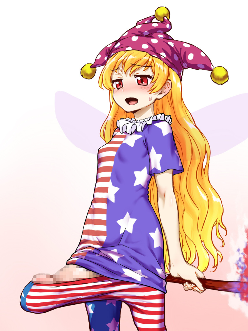 1futa american_flag american_flag_legwear american_flag_shirt blonde_hair blush bulge censored clownpiece cowboy_shot dress erection erection_under_clothes fairy_wings futa_only futanari hat intersex itou_yuuji jester_cap open_mouth penis pointless_censoring red_eyes simple_background small_breasts small_but_hung solo sweatdrop through_clothes torch touhou wings