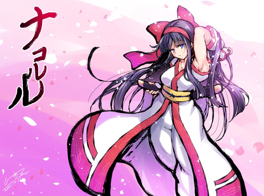 1girls ainu_clothes arm_behind_head armpits big_breasts blue_eyes busty c.r. child_bearing_hips female female_only fingerless_gloves hair_ribbon hi_res large_breasts legs long_hair nakoruru open_mouth pants pose posing purple_hair samurai_shodown seductive seductive_look snk thick_thighs thighs voluptuous weapon