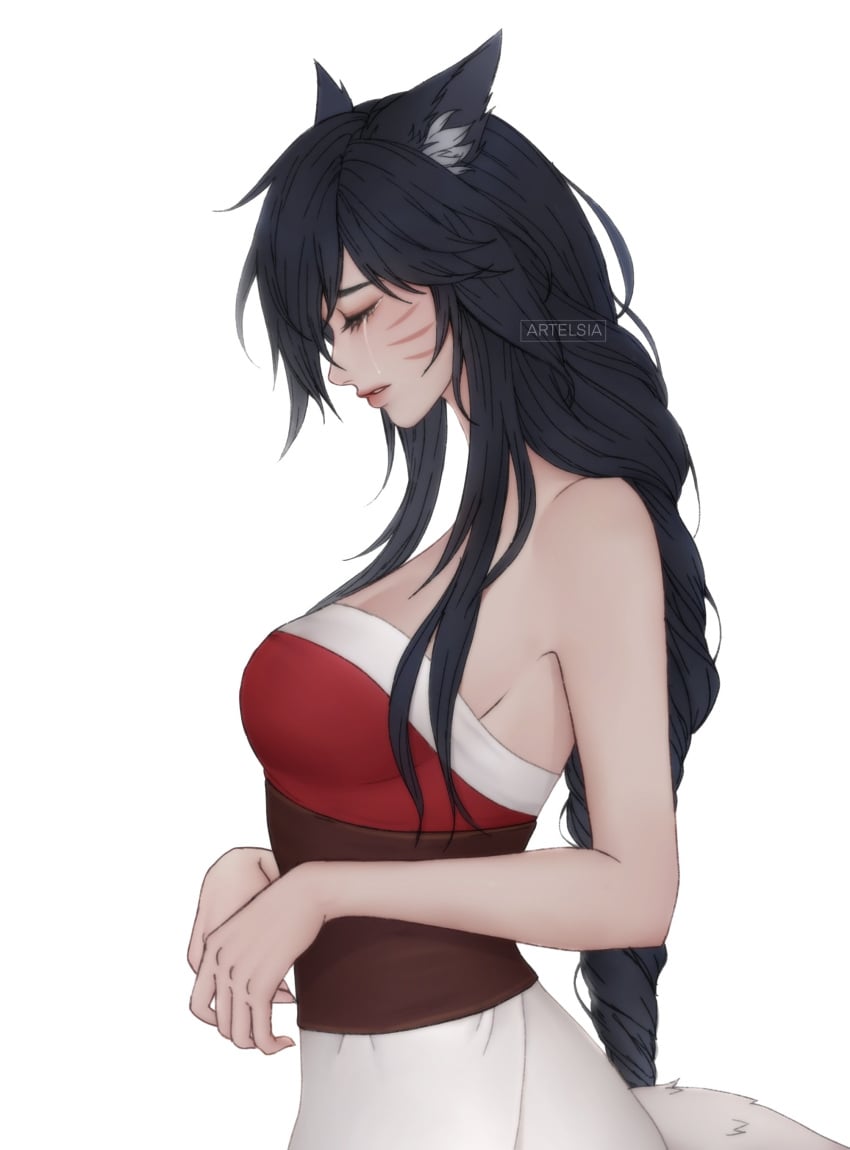 1girls ahri animal_ear_fluff animal_ears artelsia artist_signature bare_arms bare_shoulders black_hair crying default_ahri eyes_closed facial_markings female female_only fox_ears from_side kumiho large_breasts league_of_legends legs_out_of_frame long_hair riot_games sideboob solo tail tears whisker_markings