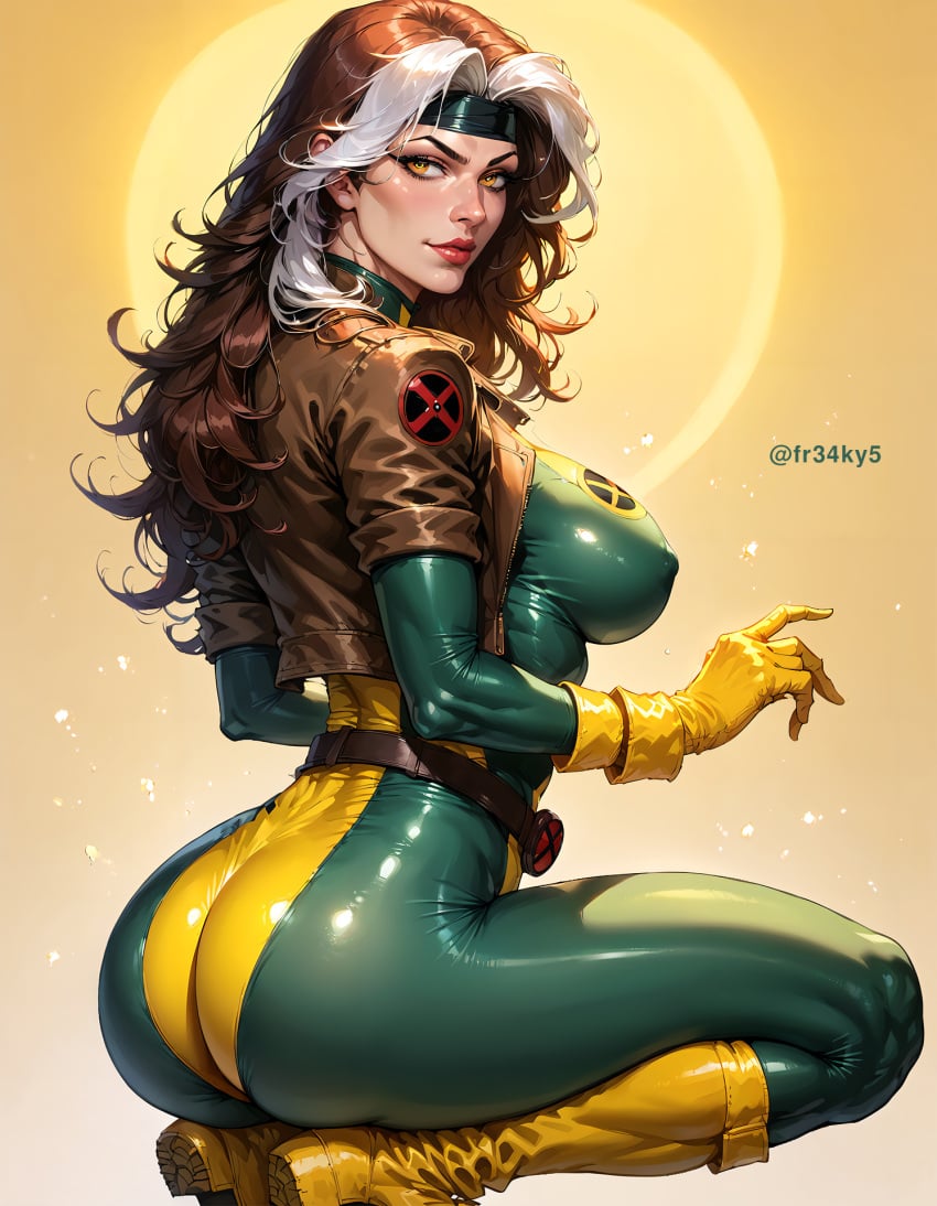 ai_generated ass big_ass bodysuit breasts fr34ky hourglass_figure marvel marvel_comics multicolored_hair rogue_(x-men) skintight slim slim_waist stable_diffusion superheroine x-men