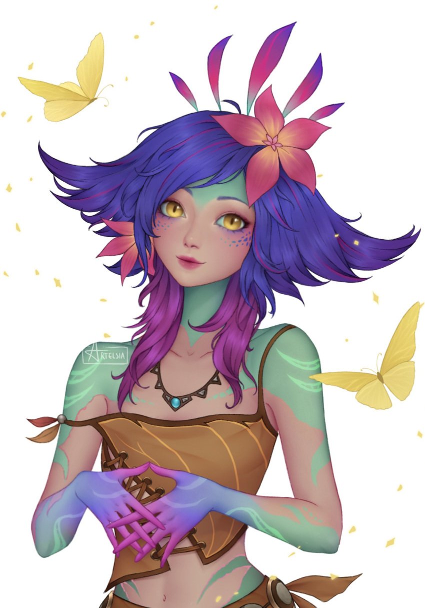 1girls artelsia clothed clothing digital_painting_(artwork) facial_markings female female_focus female_only league_of_legends looking_at_viewer multicolored_body multicolored_hair necklace neeko simple_background yellow_eyes