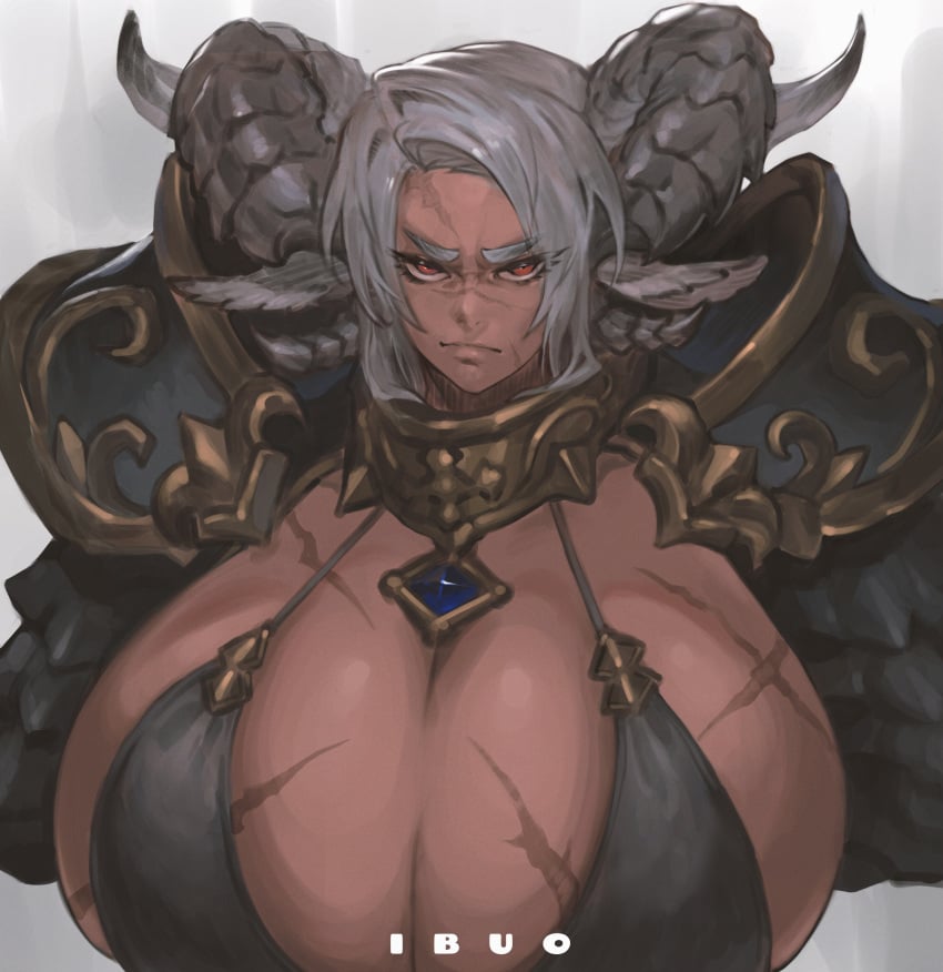 1girls angry bra breasts_bigger_than_head frown gorget horns huge_breasts ibuo looking_at_viewer massive_breasts pauldrons scar_on_breasts scars scars_on_breast scars_on_face silver_hair upper_body