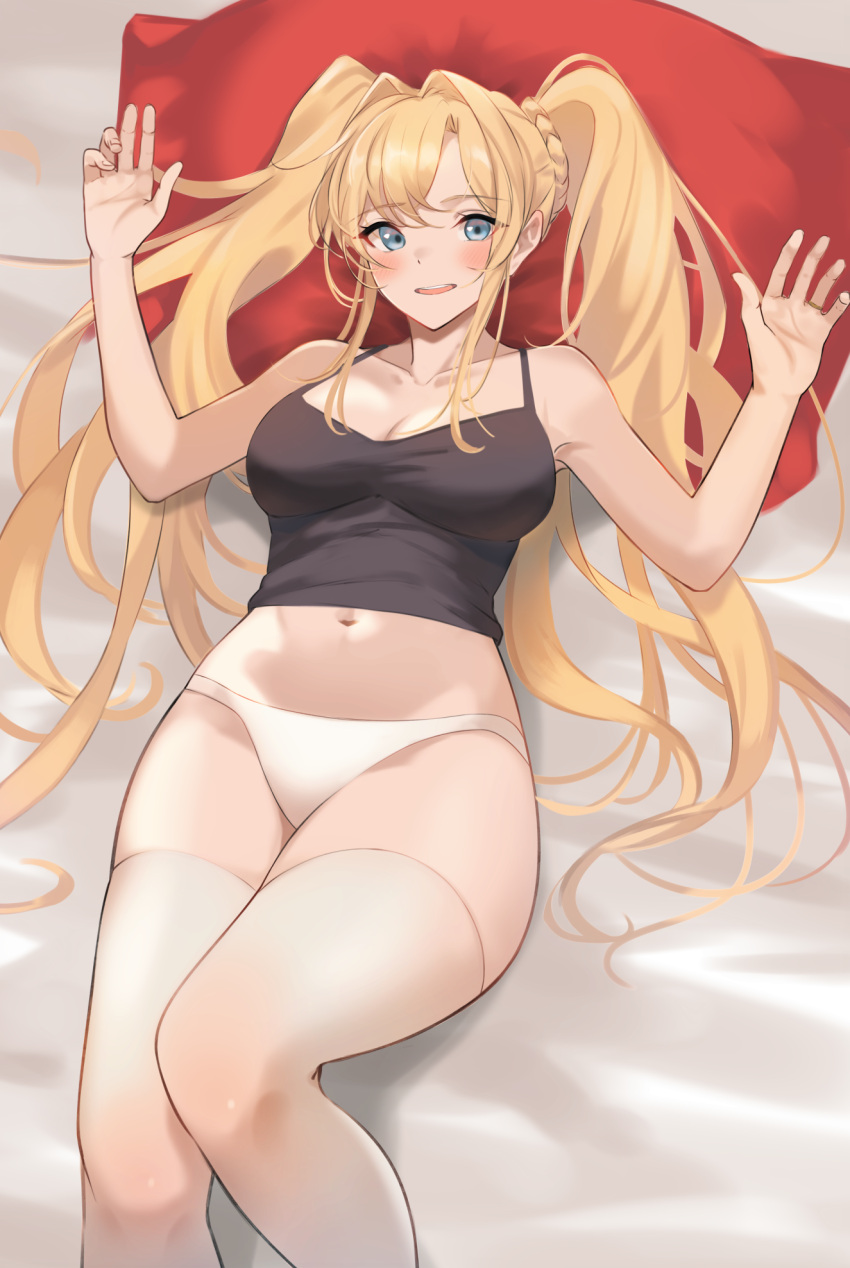 black_topwear blonde_hair blue_eyes granblue_fantasy granblue_fantasy_versus laying_on_bed panties pillow thighhighs thighs twintails zeta_(granblue_fantasy)