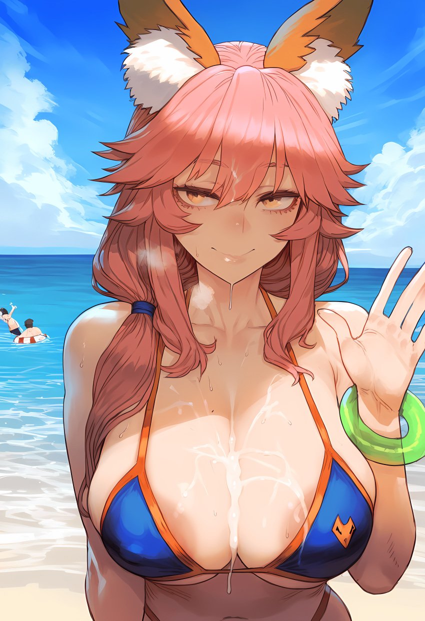 1girls 2024 ai_generated animal_ears beach bikini bikini_top cum_on_body cum_on_breasts dark-skinned_male ear_tuft fate_(series) fox_ears kaikoi pink_hair tamamo_no_mae_(fate)