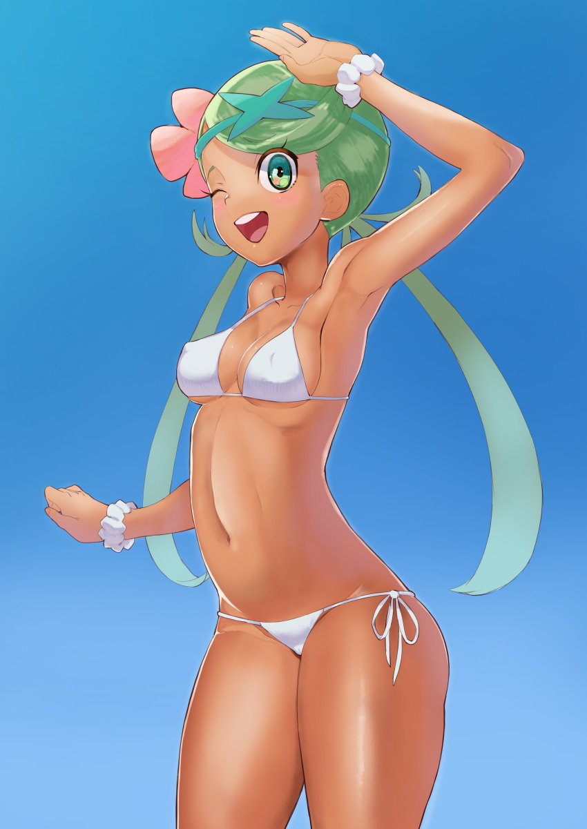 1girls arm_up armpits belly bikini blue_background cleavage dark-skinned_female dark_skin erect_nipples eyelashes female flower green_eyes green_hair hairband human long_hair looking_at_viewer mallow_(pokemon) navel nintendo one_eye_closed open_mouth pokemon pokemon_sm side-tie_bikini sideboob smile solo standing teeth tied_hair tongue toranoe trial_captain twintails white_bikini white_swimsuit wink