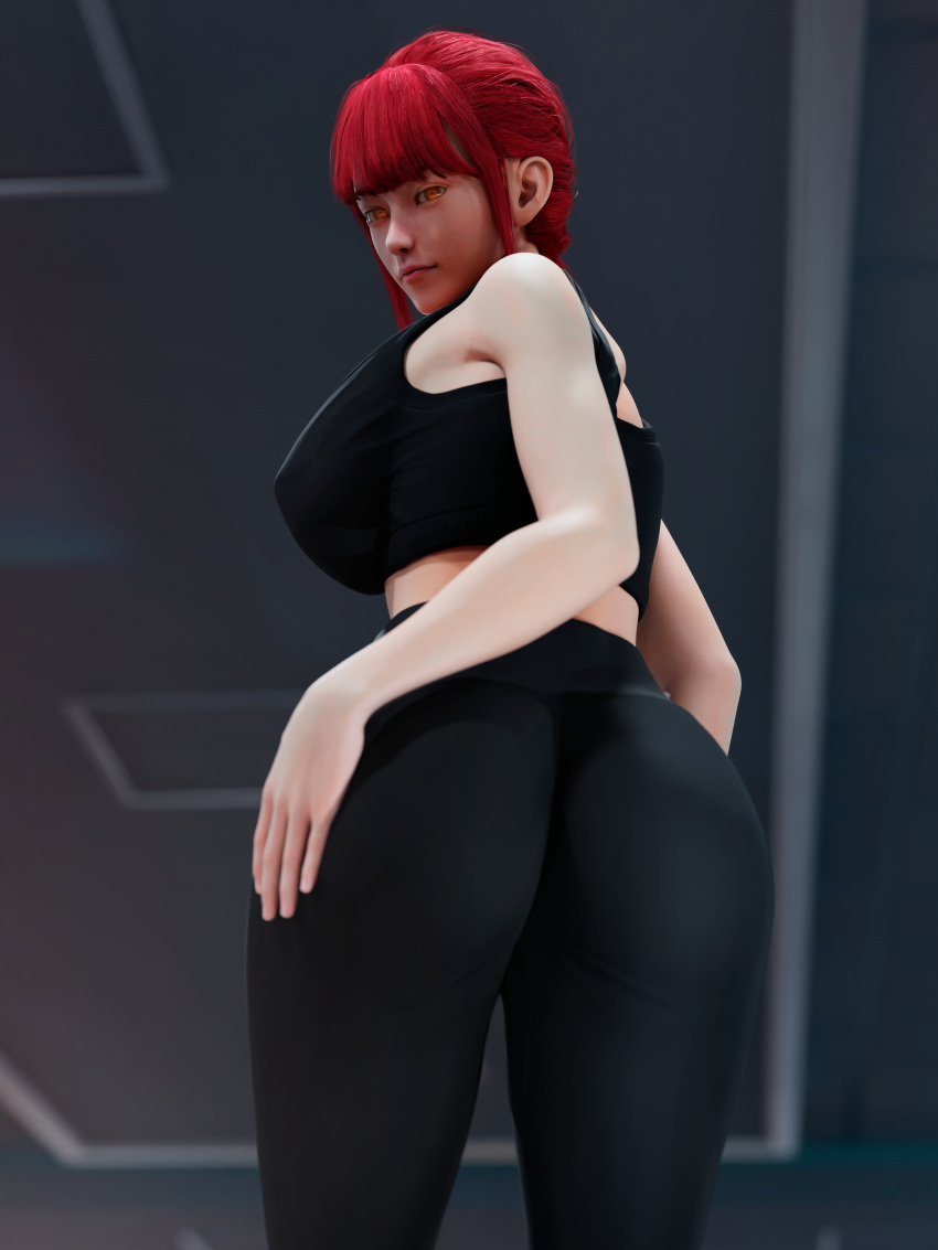 3d 3d_(artwork) 3d_model big_ass big_butt bubble_ass bubble_butt chainsaw_man gym jinushi_san leggings makima_(chainsaw_man) medium_breasts orange_eyes red_hair sports_bra sportswear thick_thighs wide_hips