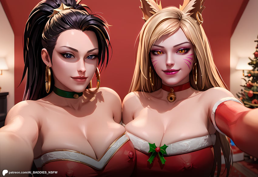 2girls ahri ai_assisted ai_baddies ai_generated akali akali_jhomen_tethi bangs blonde_female blonde_hair blue_eyes christmas christmas_outfit close-up cowboy_shot dark_hair festive fox_ears gift holidays inside k/da_ahri k/da_akali k/da_all_out_series k/da_series kitsune large_breasts league_of_legends looking_at_viewer party patreon patreon_link patreon_logo patreon_url patreon_username ponytail purple_hair red_dress santa_costume santa_hat selfie smirk yellow_eyes