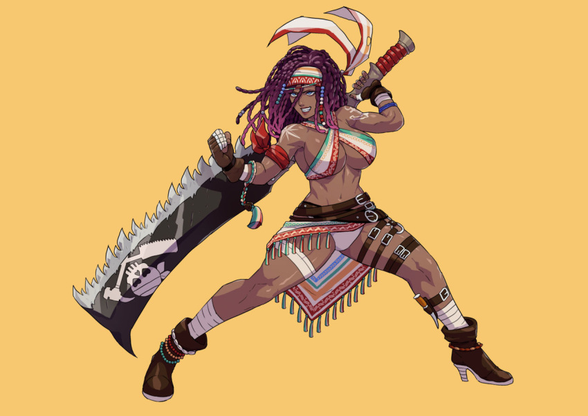 1girls big_breasts blue_eyes boots cirenk dark-skinned_female darli_dagger fighting_stance gloves heel_boots muscles muscular_female pantyshot purple_hair samurai_shodown sideboob smile solo_focus tattoo thick_thighs underboob underwear weapon