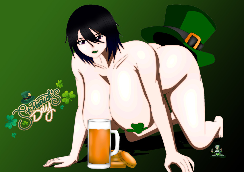 1girls akinama_family_(noir-black-shooter) beer beer_mug big_breasts dark_blue_hair female gold gold_coin huge_breasts naoki_akinama_(noir-black-shooter) noir-black-shooter oc original original_character pasties purple_eyes saint_patricks_day short_hair st._patrick's_day