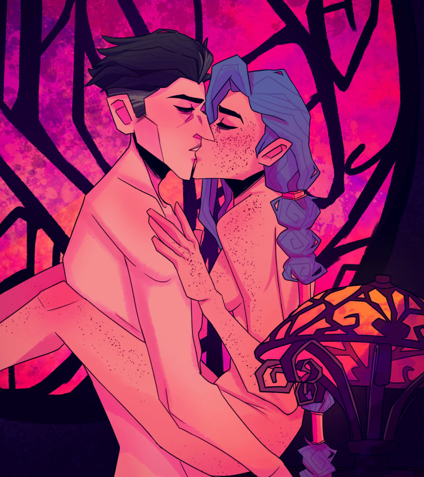 arcane arcane_jinx black_hair blue_hair body_freckles braided_hair freckles held_up incest_(lore) jinx_(league_of_legends) kissing league_of_legends long_hair male naked older_male sex silco_(arcane) step-incest villanified younger_female