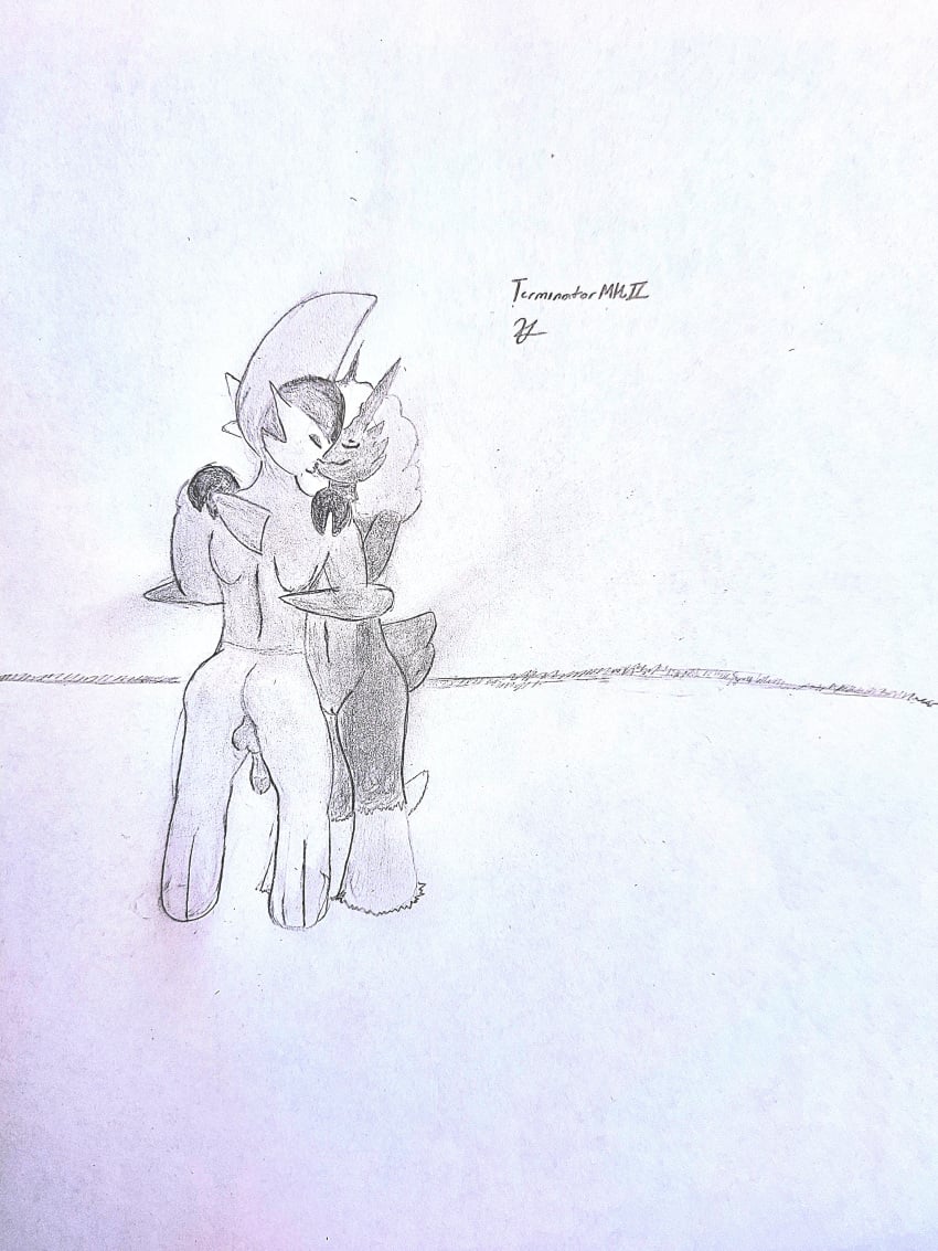 art_trade blaziken finn_(mlm) gallade kissing lexi_(mlm) penis pokemon rear_view terminatormkii traditional_media_(artwork)