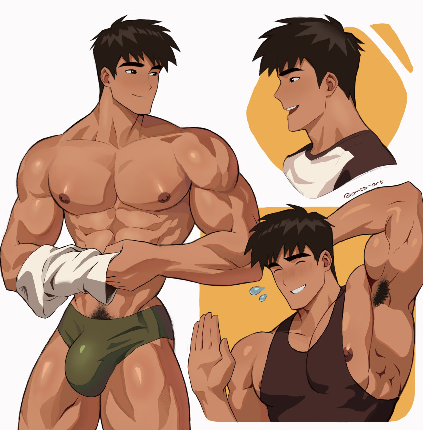 1boy 1male abs ai_generated amtb_art armpit_hair armpits bara bara_tits biceps big_arms big_muscles black_hair gay hand_behind_head muscles muscular_male pecs shirt simple_background tank_top thick_thighs underwear