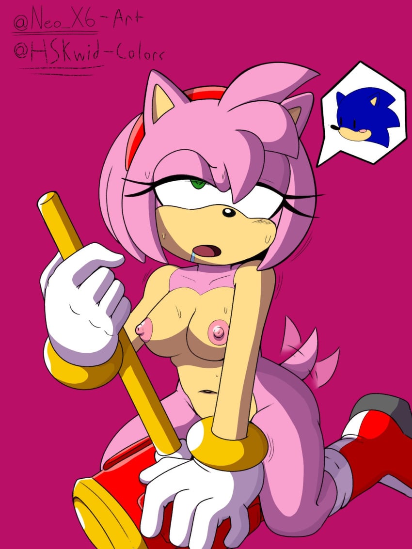 2024 5_fingers amy_rose anthro big_breasts blue_body blue_fur blush bodily_fluids boots boots_only breasts clothing eulipotyphlan eye_roll female fingers footwear footwear_only fur gloves green_eyes handwear hedgehog hi_res humping kneeling mammal masturbation mostly_nude navel neo_x6 nipples open_mouth piko_piko_hammer pink_body pink_fur sega signature simple_background skwid solo sonic_(series) sonic_the_hedgehog_(series) sweat tail thought_bubble