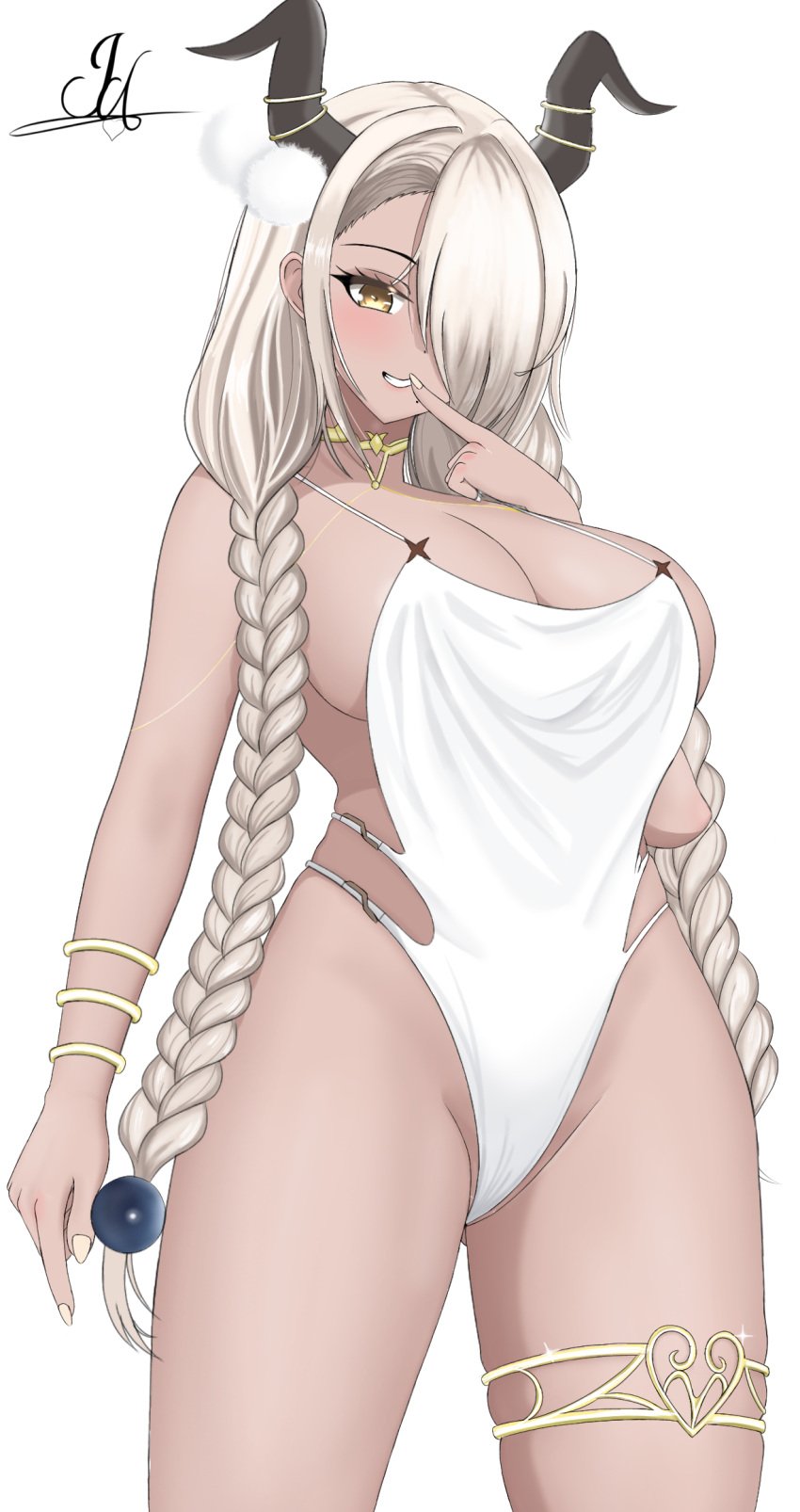 1girls azur_lane blonde_hair breasts colored_skin female female_only george_dz_(georghdz) hair_over_one_eye hand_on_mouth horn_ornament horns huge_breasts looking_at_partner looking_at_viewer marine one_eye_obstructed owari_(azur_lane) owari_(shimmering_forsythia)_(azur_lane) simple_background skinny smiling smiling_at_viewer solo tan-skinned_female tan_skin thighs yellow_eyes