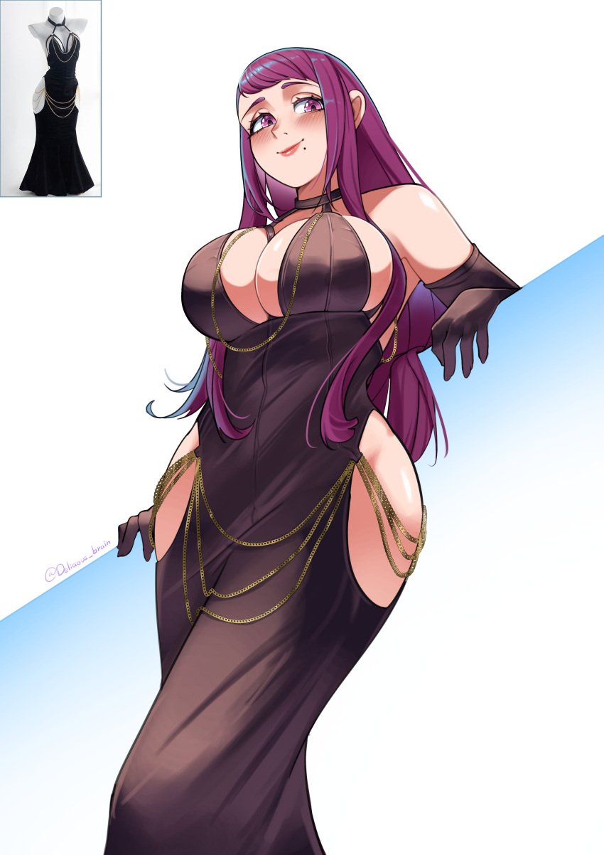 1girls absurdres alternate_costume bare_shoulders black_dress black_gloves blush breasts busty chains cleavage closed_mouth deliciousbra deliciousbrain dress elbow_gloves female female_only fire_emblem fire_emblem_engage from_below gloves gold_chain halter_dress halterneck highres hip_vent ivy_(fire_emblem) knee_up large_breasts leaning_on_object light_smile lipstick long_hair looking_at_viewer low_neckline makeup meme meme_attire modakawa_dress mole mole_on_cheek nintendo purple_eyes purple_hair red_lips simple_background solo swept_bangs tight_clothes tight_dress twitter_username white_background