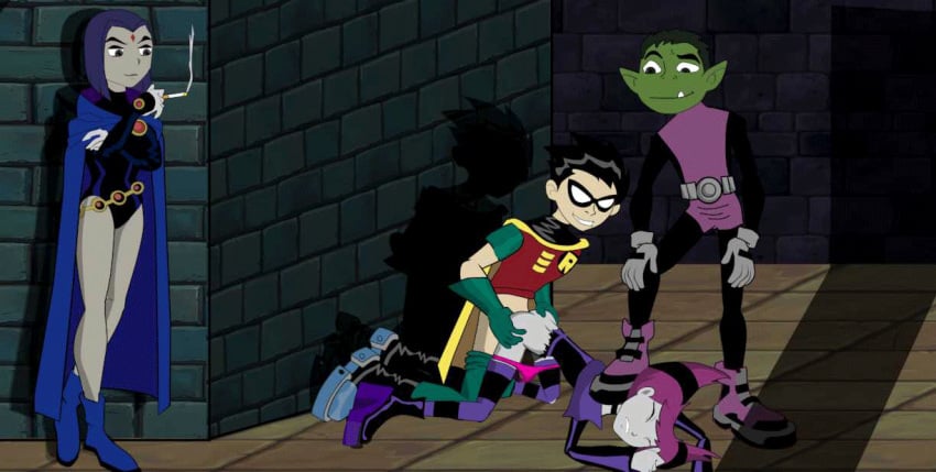 2boys 2girls animated batman_(series) beast_boy dc dc_comics dick_grayson doggy_style female foot_on_neck hetero jinx_(dc) male multiple_boys multiple_girls pink_panties rachel_roth rape raven_(dc) robin_(dc) robin_(dick_grayson) sex smoking teen_titans voyeur voyeurism