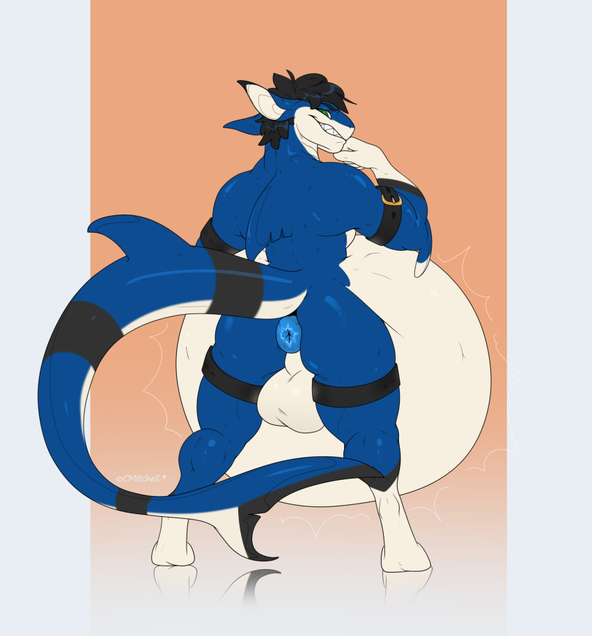 absurd_res anthro balls belly big_belly black_hair blue_body blue_skin cmitchell dessert doughnut fin fish food genitals green_eyes hair hi_res long_ears long_tail male male_only marine scalie shark solo tail vore wings