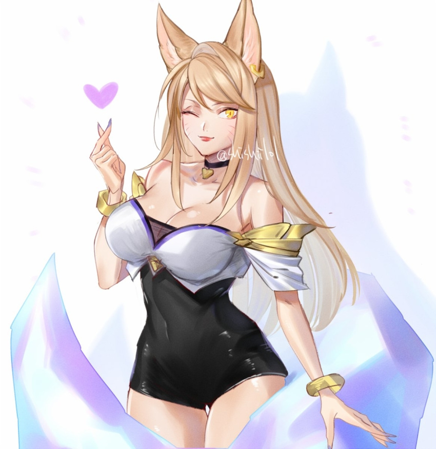 1girls ahri bare_shoulders big_breasts blonde_hair choker cleavage cute ear_fluff female female_focus female_only fox_ears fox_girl k/da_ahri k/da_series league_of_legends shishiilol smile thick_thighs thighs whiskers wink