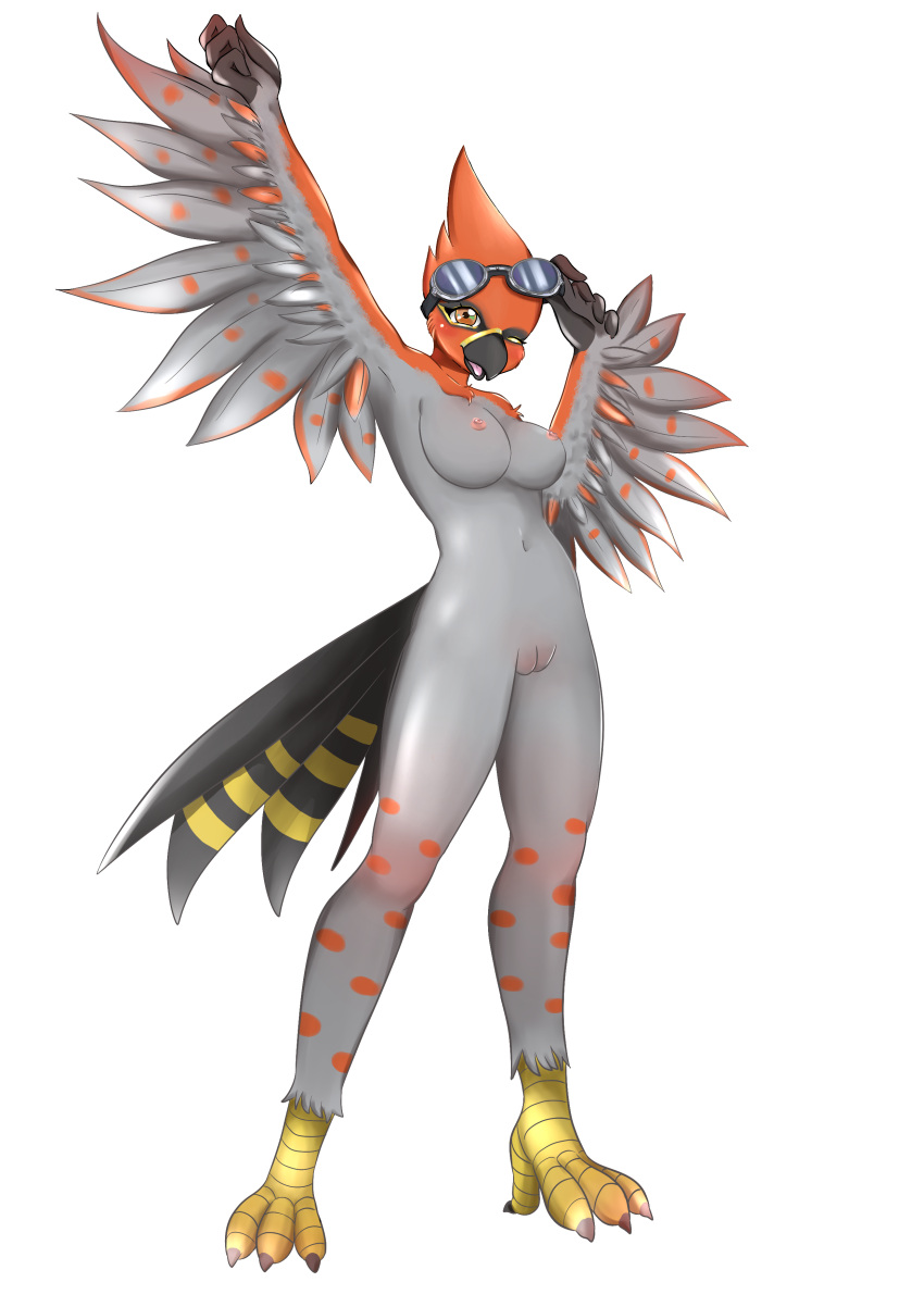 absurd_res anthro avian beak bird claws digital_drawing_(artwork) digital_media_(artwork) eyewear eyewear_on_head feathers feet female generation_6_pokemon genitals goggles goggles_on_head hand_behind_head hi_res multicolored_body multicolored_feathers multicolored_sclera navel nintendo nipples nude one_eye_closed pokemon pokemon_(species) pussy raised_arm solo tagme tail talonflame talons thiara_(ttv_l3gacysp1rit) toes tongue wings wink