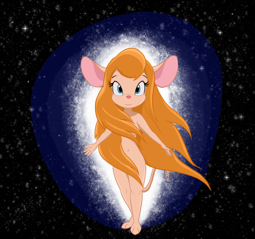 anthro blonde_hair blue_eyes breasts chip_'n_dale_rescue_rangers convenient_censoring disney eyelashes female female_only full_body furry gadget_hackwrench hair_over_breasts hair_over_pussy itsjustflesh long_hair mammal mouse navel nude orange_hair outer_space pink_nose rodent small_breasts solo stars tail very_long_hair