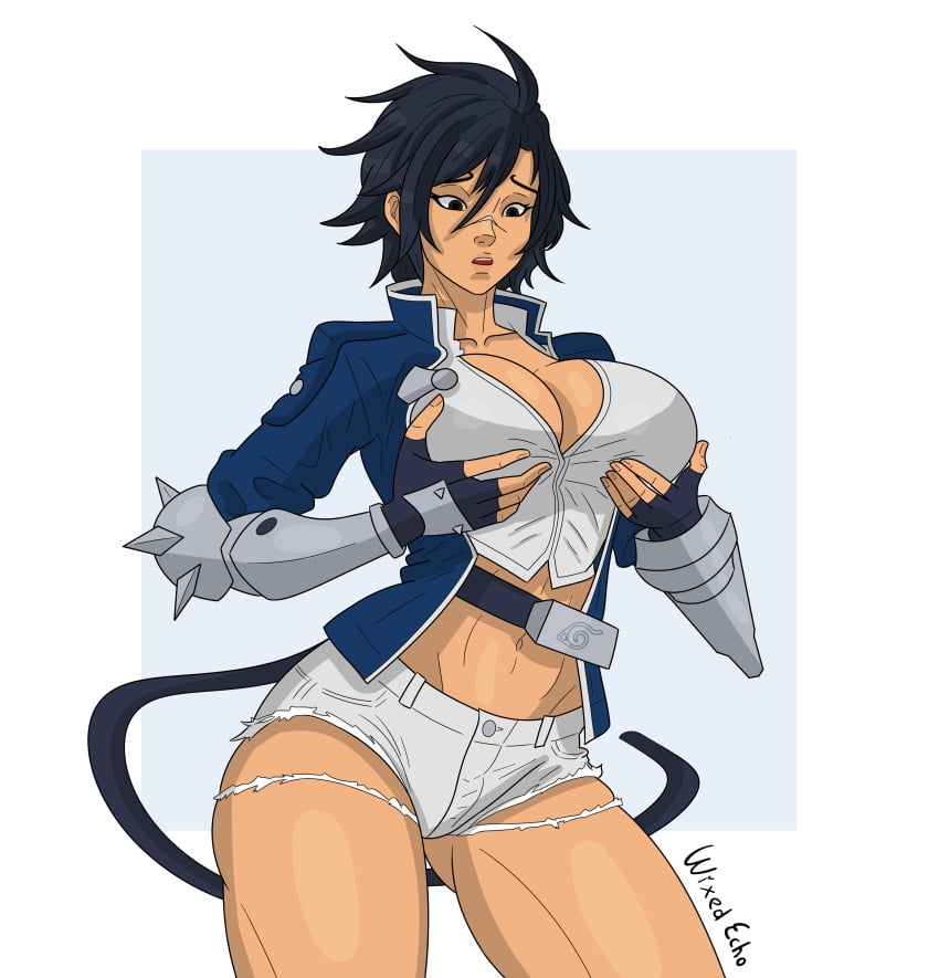 1girls armor ass bare_thighs big_breasts bimbo black_eyes black_hair blazblue blazblue:_central_fiction blazblue:_chronophantasma booty_shorts boruto:_naruto_next_generations breast_grab breast_squeeze breast_squish breasts breasts_bigger_than_head bullet_(blazblue) bullet_(blazblue)_(cosplay) busty cleavage clothed clothing cosplay crop_top crossover female female_focus female_only fingerless_gloves gender_transformation genderbent genderswap genderswap_(mtf) gloves hi_res high_resolution highres holding_breast inner_sideboob konohagakure_symbol large_breasts light-skinned_female light_skin minishorts naruto naruto_(classic) naruto_(series) naruto_shippuden open_mouth pinup revealing_clothes rule_63 sasuke_uchiha sasuko short_shorts shorts shounen_jump skimpy skimpy_clothes solo solo_female solo_focus spiky_hair superheroine thick_thighs thighs thunder_thighs uchiha_sasuke wixedecho