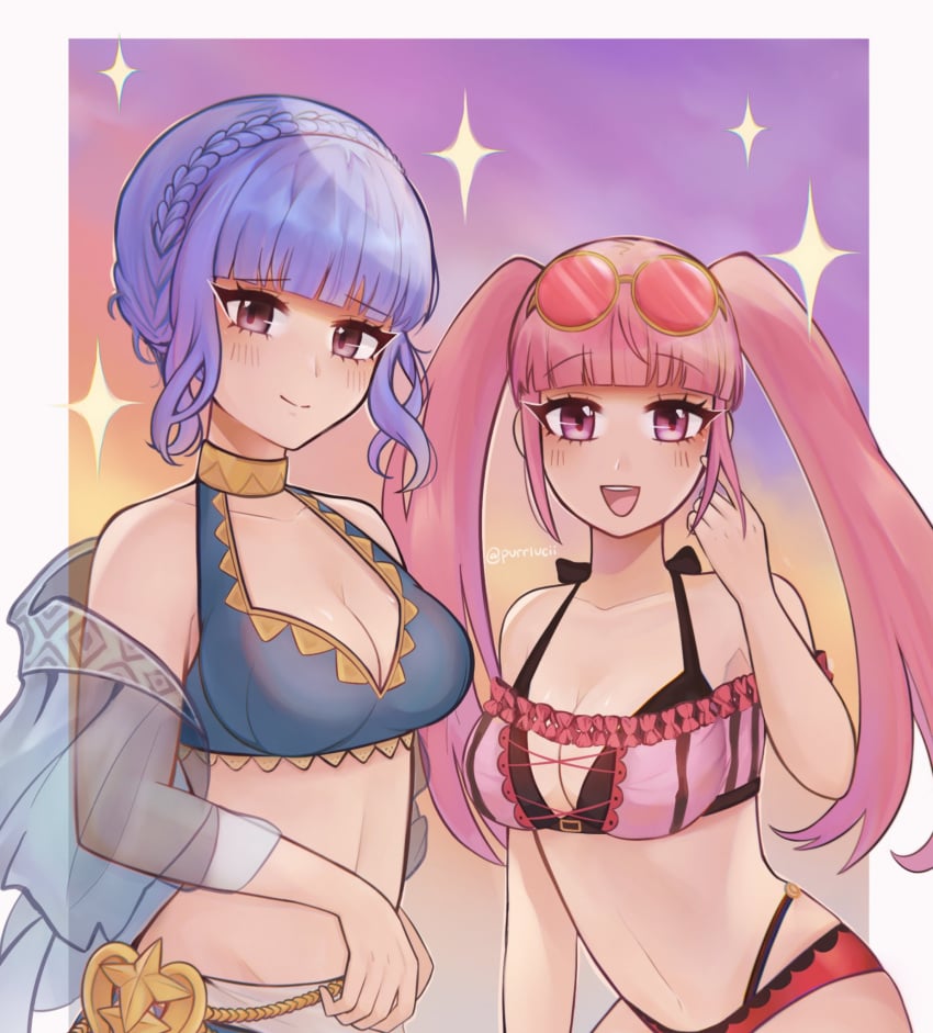 2girls alternate_costume bikini blue_bikini blue_hair blue_swimsuit blunt_bangs breasts female female_only fire_emblem fire_emblem:_three_houses fire_emblem_heroes hilda_valentine_goneril hilda_valentine_goneril_(summer) looking_at_viewer marianne_von_edmund marianne_von_edmund_(summer) nintendo official_alternate_costume open_mouth pink_bikini pink_hair pink_swimsuit purrlucii swimsuit