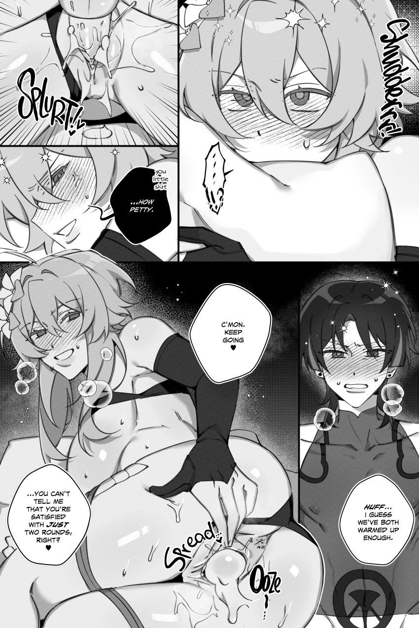 angry angry_expression black_and_white blush blush_lines comic cum cum_in_pussy cum_inside dialogue eyes eyes_rolling_back genshin_impact greyscale lumine_(genshin_impact) majunjuu monochrome mostly_nude scaramouche_(genshin_impact) spread_pussy steam steamy_breath sweat teasing