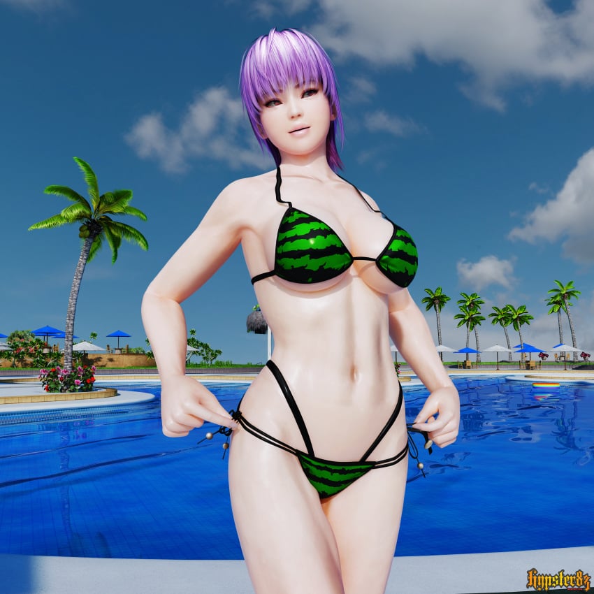 1girls alluring ayane_(doa) bare_legs big_breasts bikini cleavage dead_or_alive dead_or_alive_xtreme_beach_volleyball female female_focus female_only human hypster83 kunoichi lavender_hair posing red_eyes short_hair silf solo swimming_pool tecmo watermelon_bikini