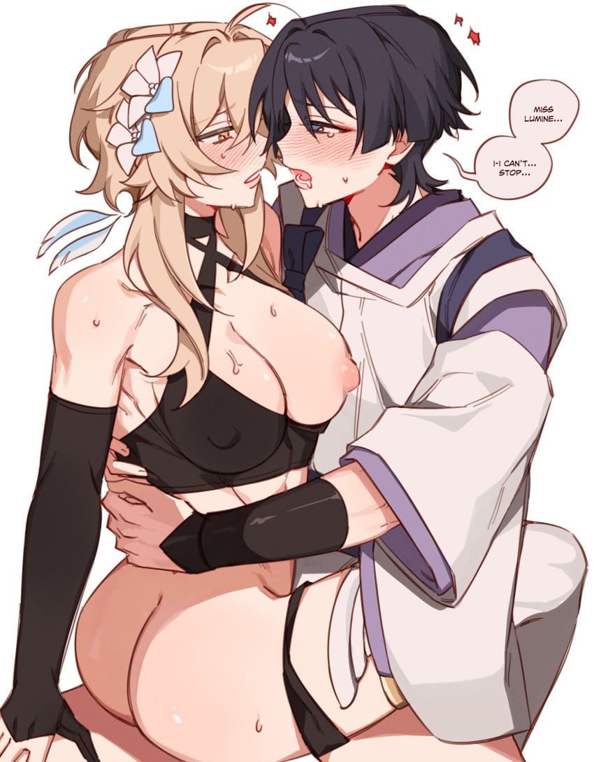 1boy 1boy1girl ambiguous_penetration ass blonde_female blonde_hair blush breast_out breasts breasts_out clothed clothed_sex clothing female genshin_impact hands_around_waist kabukimono large_ass large_breasts lumine_(genshin_impact) majunjuu making_out muscular_female scaramouche_(genshin_impact) short_hair sweat sweatdrop sweating