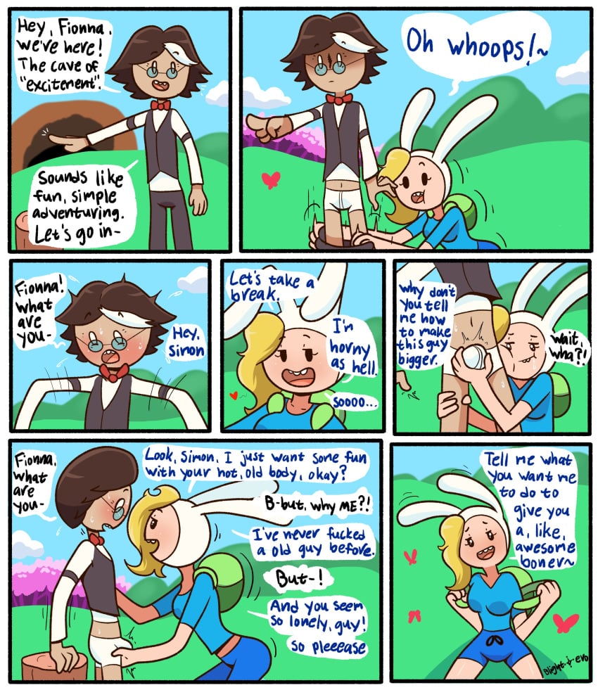 1boy 1girls 7_panel_comic 7koma adventure_time age_difference assertive_female backpack before_sex blightstar blonde_hair blush bowtie bunny_ears bunny_hood cave cheating comic comic_page dialogue english english_text fionna_campbell fionna_the_human_girl glasses grabbing_bulge grass grass_field groping_penis horny_female older_male pale_skin pink_trees simon_petrikov suprise_attack suprised text undressing undressing_another vest white_eyes white_streak younger_female