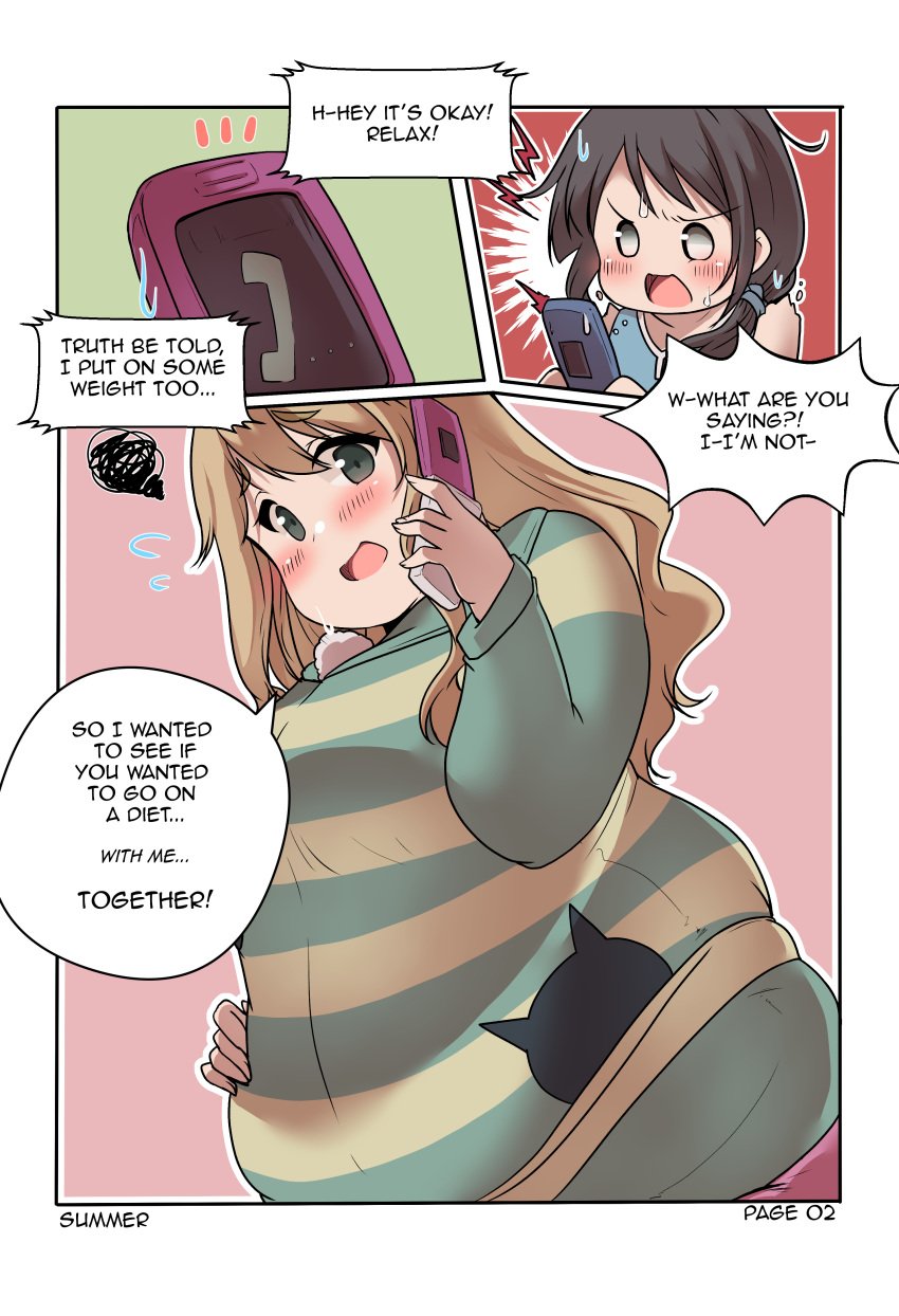 bbw belly_overhang big_belly big_female blush chubby chubby_female comic embarrassed english_text fat fat_female fat_fetish fat_girl fat_woman fatty hand_on_belly k-on! large_female mio_akiyama_(k-on!) obese obese_female overweight overweight_female page_2 page_number phone plump pork_chop speech_bubble thick_thighs tsumugi_kotobuki_(k-on!) tubby weight_gain