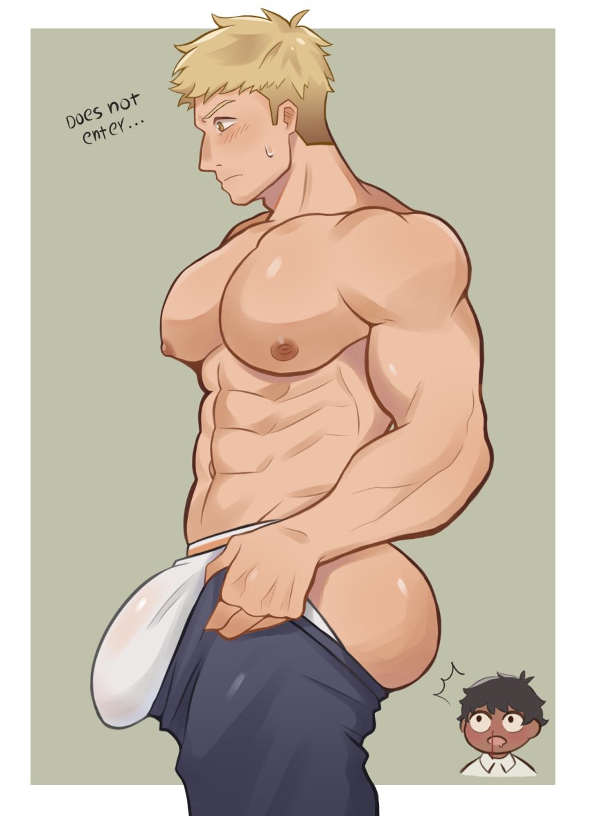 1boy bara bara_tits barazoku big_bulge blush bulge clothing delicious_in_dungeon dungeon_meshi gay huge_bulge kabru laios_touden male male_focus male_nipples male_only manly muscular_male nipples penis_outline ryuka344 solo solo_male tight_clothing tight_pants_(meme) underwear yaoi