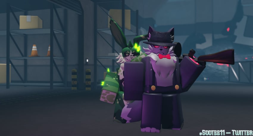 2boys 3d anthro fed_(kaiju_paradise) firearm furry furry_only gay green_body green_fur grey_fur gun kaiju_paradise nuclear_rabbit_(kaiju_paradise) overalls penis rabbit red_eyes roblox roblox_game sootee11 tagme thompson_submachine_gun