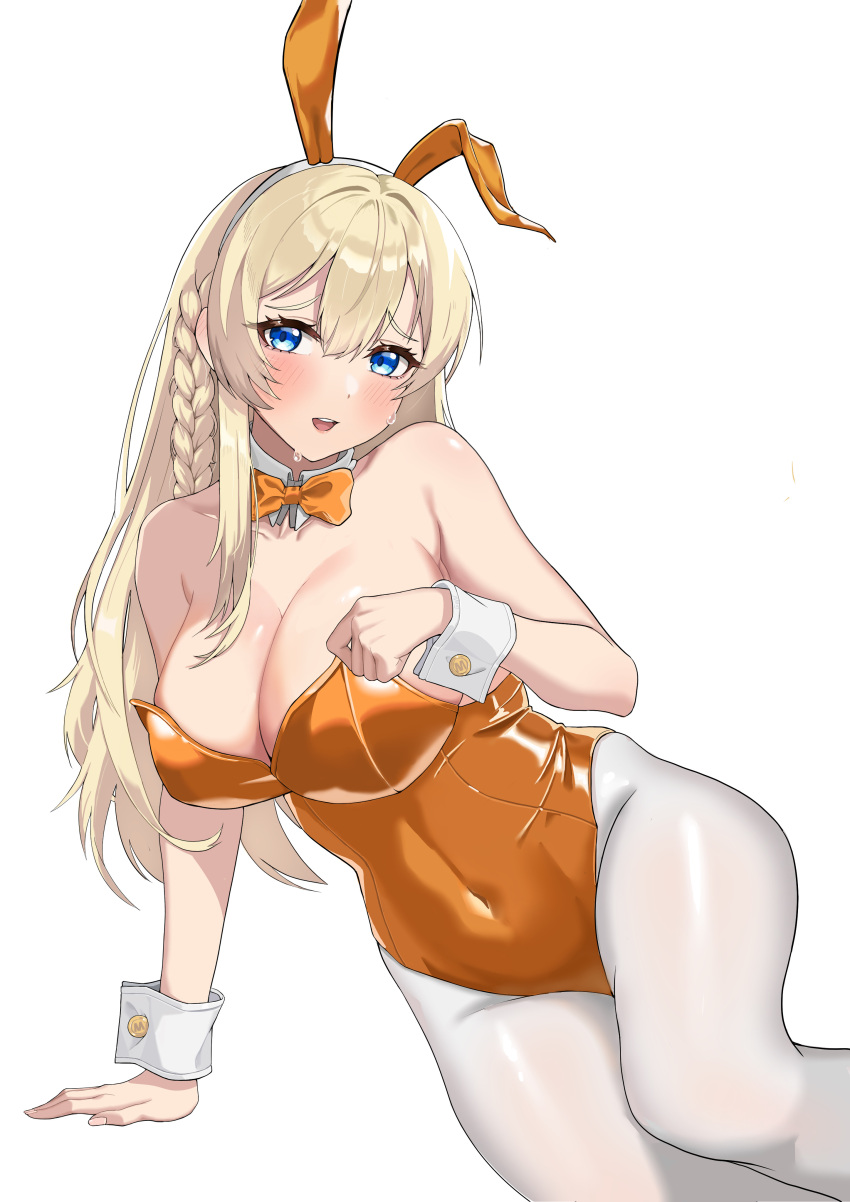 1girls blonde_hair blue_eyes blush braid bunny_ears bunnysuit cleavage female_only fully_clothed goddess_of_victory:_nikke large_breasts long_hair open_mouth playboy_bunny sitting sweat tove_(nikke) upper_teeth white_background