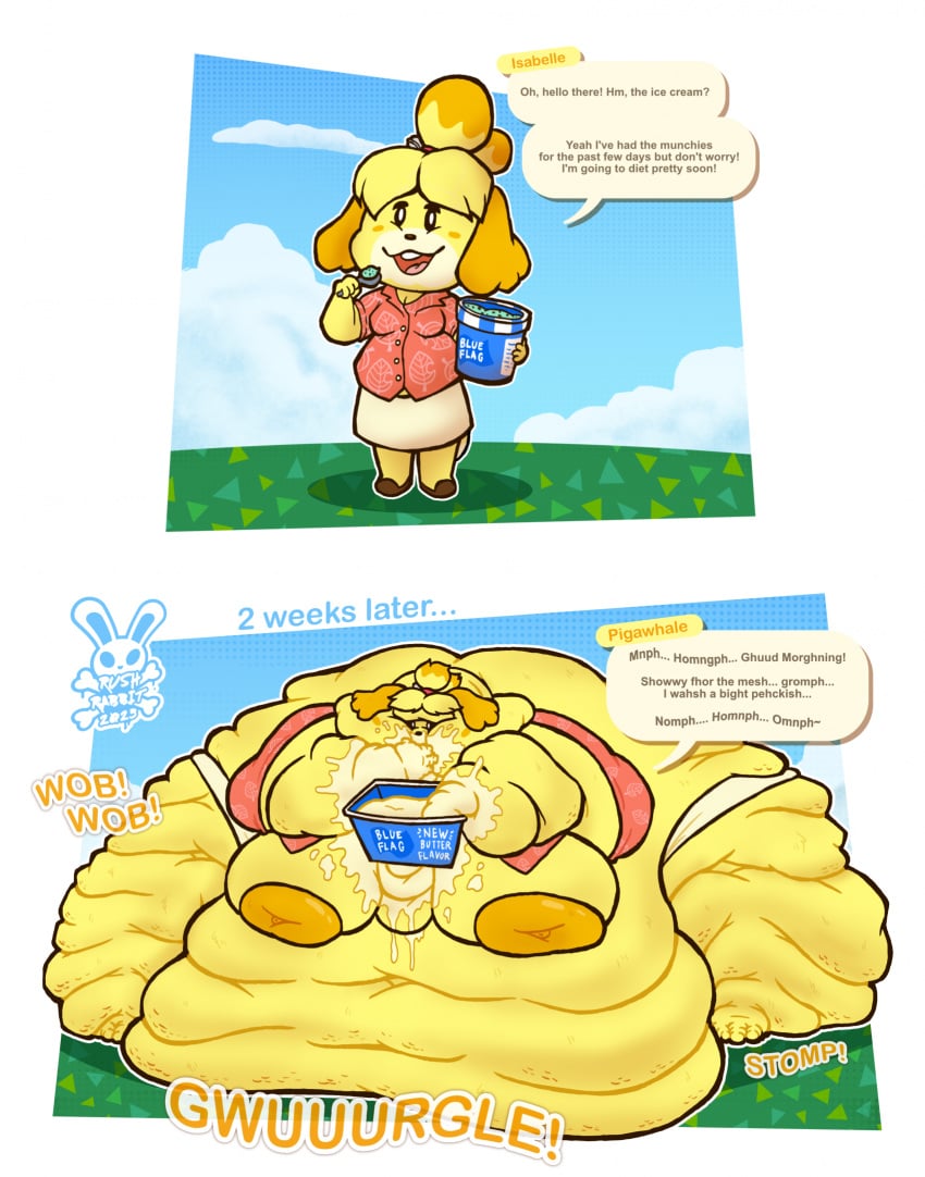 1girls animal_crossing bbw belly big_ass big_belly big_breasts blob breasts butter chubby chubby_cheeks chubby_female curvy dialogue double_chin eating fat fat_ass fat_belly fat_butt fat_cheeks fat_face fat_folds fat_rolls fat_thighs fat_woman female food gluttony huge_ass huge_belly huge_breasts huge_thighs hyper_ass hyper_belly hyper_breasts hyper_thighs ice_cream immobile isabelle_(animal_crossing) large_ass large_belly large_breasts large_thighs messy morbidly_obese morbidly_obese_female naked nipples nude obese obese_female overweight overweight_female rushrabbit slob speech_bubble ssbbw stomach_noises stomping stuffing text thick_arms thick_thighs tight_clothing time_skip ussbbw weight_gain wobble wobbling