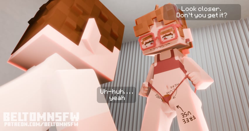 1boy 1boy1girl 3d beltomnsfw blender blue_eyes blush body_writing brown_hair detailed_background elli_(beltomnsfw) female female freckles freckles_on_face glasses mine-imator minecraft open_mouth partially_clothed pillow pussy pussy_juice pussy_juice_drip pussy_juice_trail small_body small_breasts solo solo_female tagme text text_box text_bubble wedged_panties wedgie writing writing_on_body writing_on_skin young