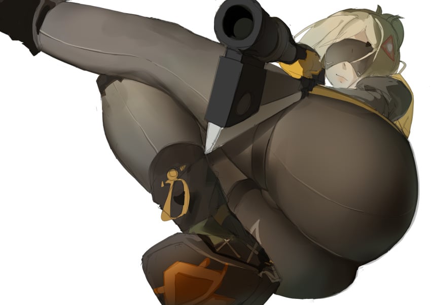 1girls ass big_ass blonde_hair bubble_butt clothing dat_ass fat_ass female female_only gun huge_ass large_ass png ranle rifle soldier solo thick_ass thick_thighs trigger_(zenless_zone_zero) visor weapon white_background wide_hips zenless_zone_zero